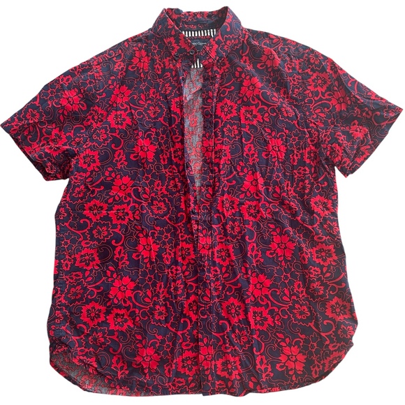 Denim Flower Shirt Mens Large Black White Button Up Casual - Picture 1 of 4